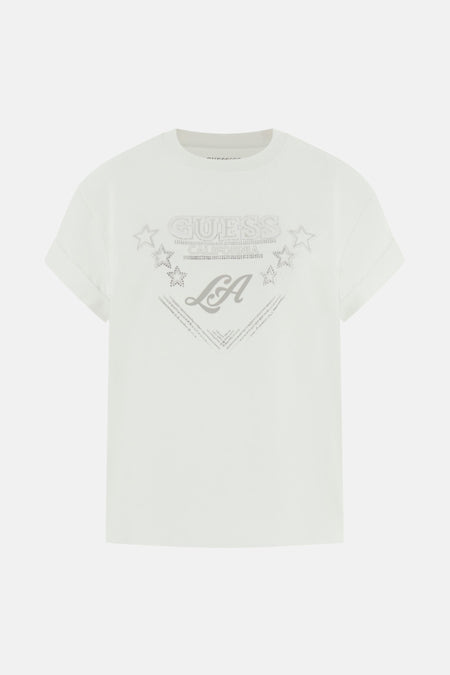 T-shirt blanc à manches courtes Guess, avec étoiles argentées et imprimé "LA".