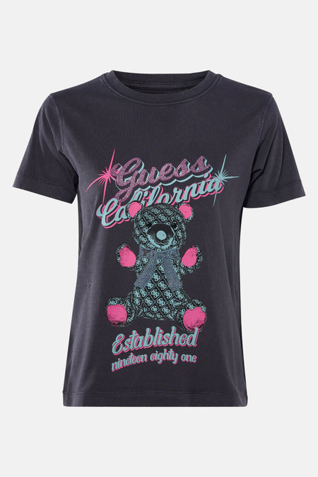 Donkergrijs dames T-shirt met roze en blauwe Guess California beerprint.
