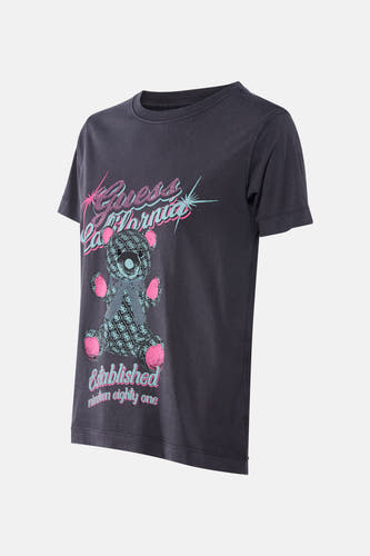 T-shirt gris à manches courtes de Guess, avec imprimé ours en peluche et accents roses.