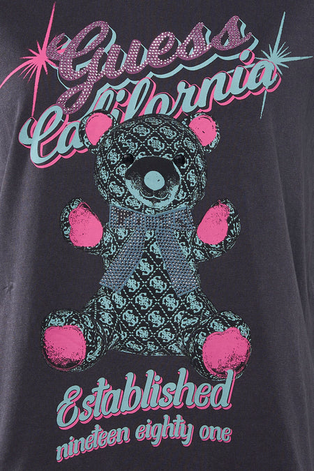 Donkergrijs T-shirt met teddybeer en roze accenten.
