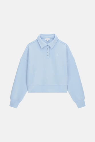 Sweat-shirt bleu de Guess, avec col montant et fermeture à boutons, et petit logo sur la poitrine.