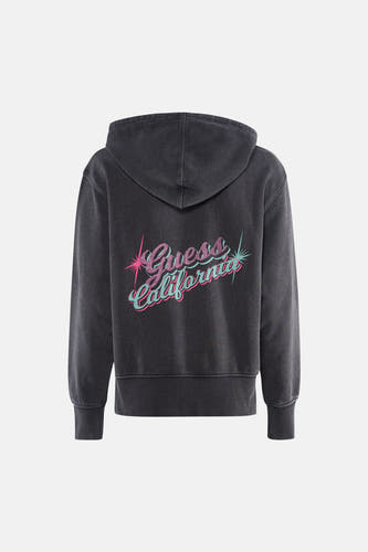 Sweat-shirt gris de Guess avec le texte "Guess California" en rose et bleu au dos.