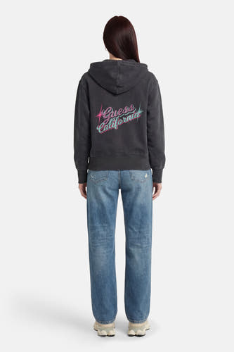 Pull gris Guess, à capuche avec un imprimé coloré "Guess California" au dos.