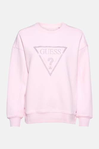 Gilet rose de Guess, avec un logo strass en forme de triangle sur l'avant.