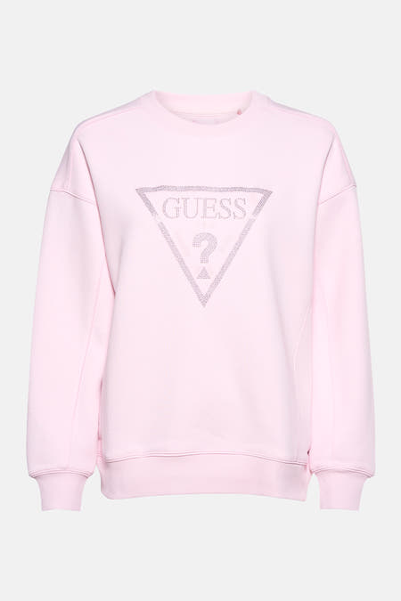 Gilet rose de Guess, avec un logo strass en forme de triangle sur l'avant.