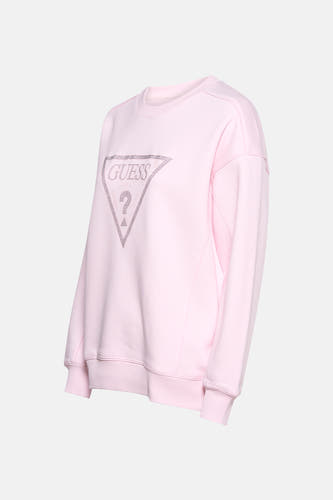 Gilet rose avec col rond de Guess, avec logo argenté sur la devant.