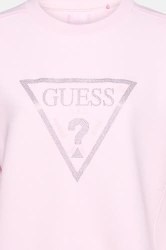 Gilet rose de Guess avec un logo en strass sous forme de triangle sur l'avant.