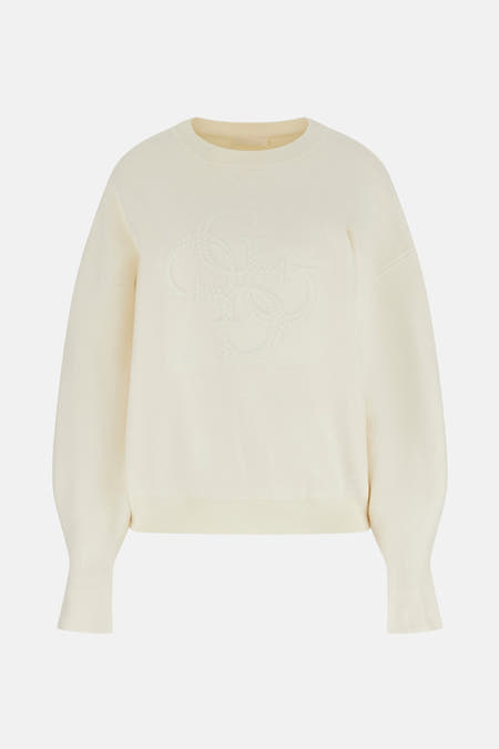 Pull écru avec col rond de Guess® avec longues manches bouffantes et poignets.