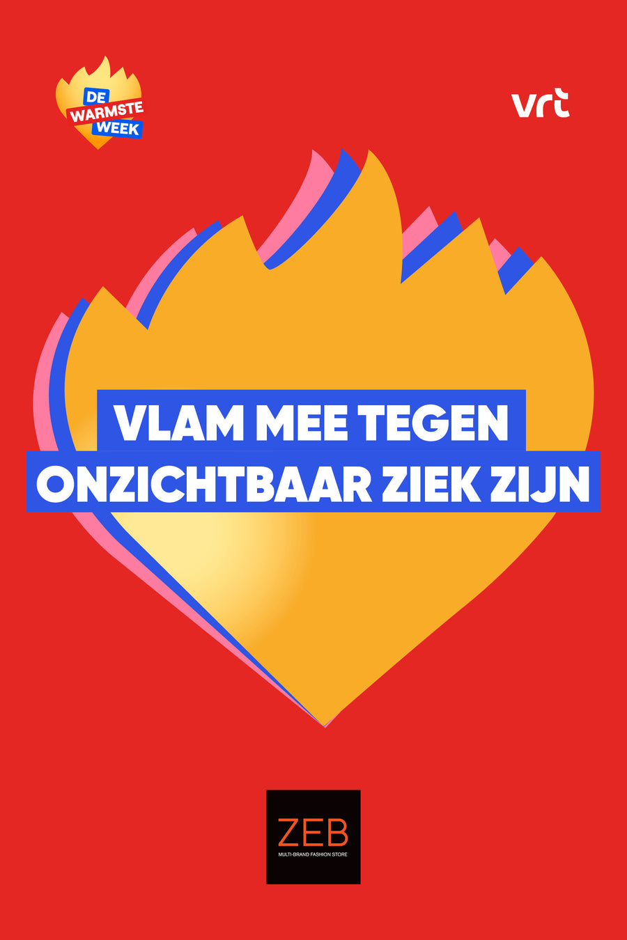 Image de campagne du projet caritatif "Soutien à la Semaine la plus Chaleureuse" de ZEB, avec des flammes et du texte sur un fond rouge.