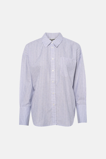 Chemise bleue à rayures à manches longues de COLOURFUL REBEL, finie avec de petites pierres décoratives et une poche poitrine.