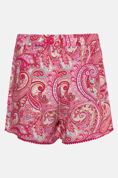 Short rose HAILYS, avec un motif paisley coloré et une bordure de pompons en bas.