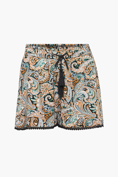 Short noir avec imprimé paisley et bordure en dentelle de HAILYS, doté d'un cordon de serrage avec pompon, vue de face