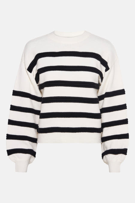 Pull écru avec col rond de HAILYS, avec des rayures noires et des manches bouffantes, vue arrière.