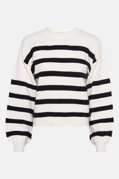 Pull écru avec col rond de HAILYS, avec des rayures noires et des manches bouffantes, vue arrière.