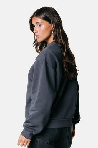 Pull-over gris de COLOURFUL REBEL avec col rond, vu de côté, associé à un jean foncé.