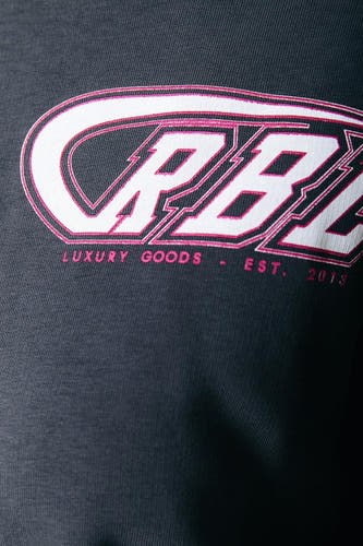 Pull-over gris de COLOURFUL REBEL avec une impression de logo blanche et rose distinctive.