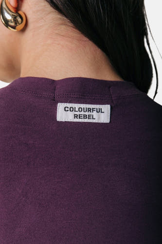 Paars T-shirt met korte mouwen van COLOURFUL REBEL, met een label op de achterkant van de nek.
