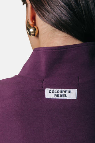 Paars T-shirt met lange mouwen van COLOURFUL REBEL, gezien van achteren met een gouden oorbel.
