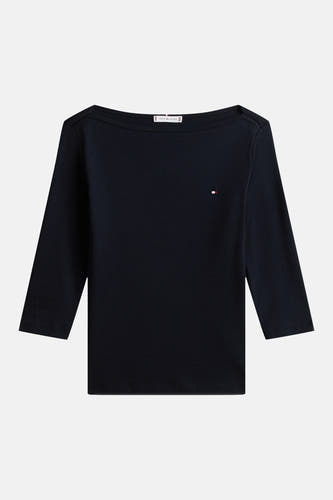 T-shirt à manches courtes bleu marine de TOMMY JEANS, avec encolure bateau et petit logo sur la poitrine.