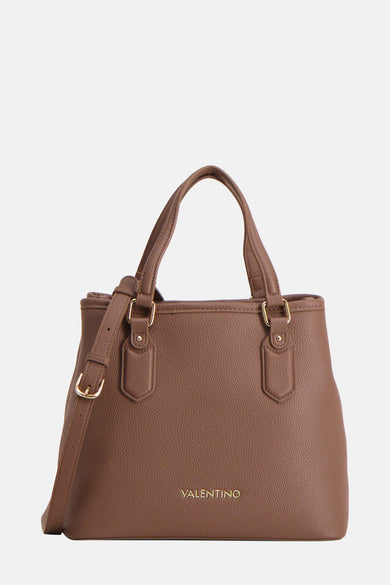 Sac à main brun de VALENTINO BAGS avec une subtile texture granulée, des courtes anses et une bandoulière ajustable.