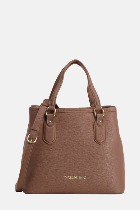 Sac à main brun de VALENTINO BAGS avec une subtile texture granulée, des courtes anses et une bandoulière ajustable.