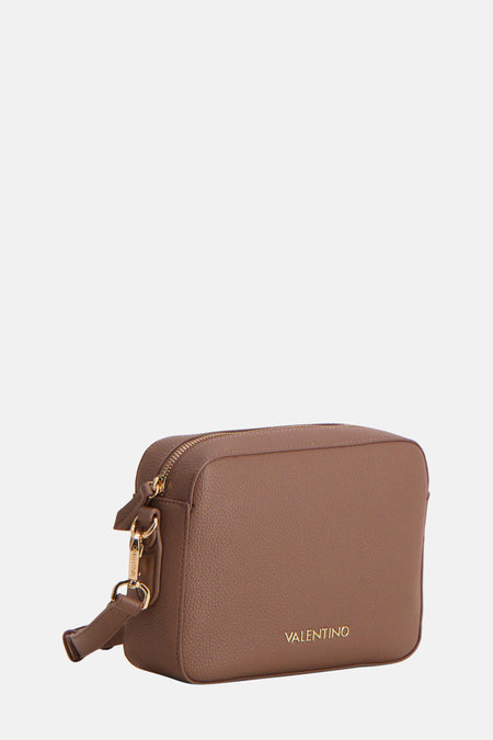 Sac à épaules brun de VALENTINO BAGS avec fermeture à glissière dorée et logo de la marque sur l'avant.