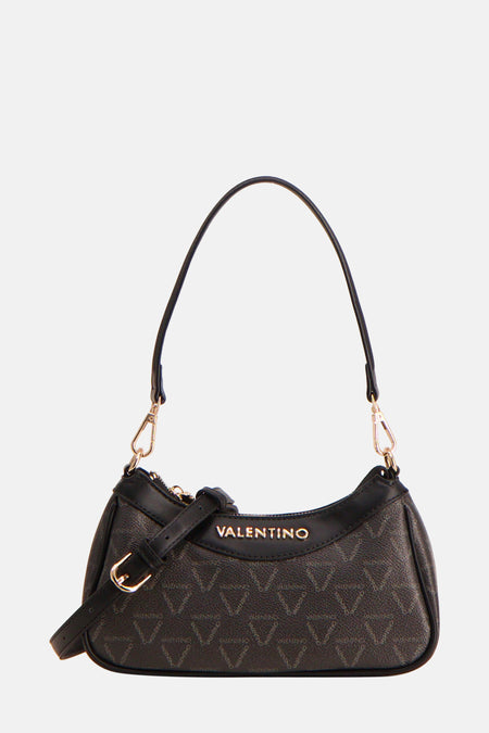 Sac à dos noir de Valentino Bags avec un motif de logo intégral et des détails dorés.