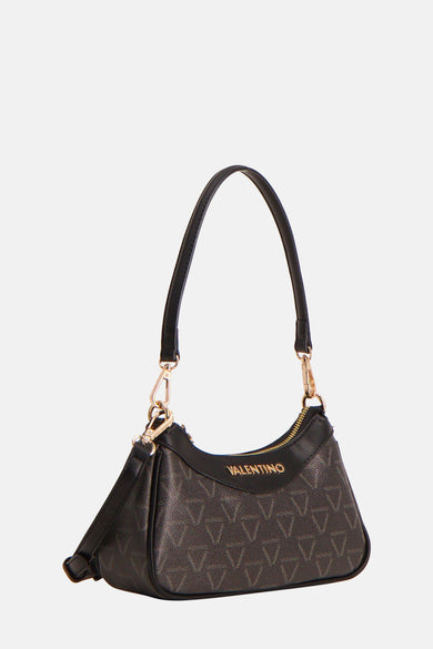Sac à dos noir de VALENTINO BAGS, avec un motif de logos et une fermeture éclair dorée.