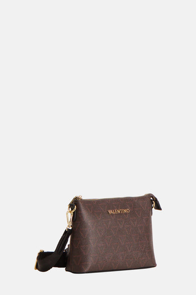 Sac à épaules brun de VALENTINO BAGS avec une impression de logo all-over et une bandoulière noire.