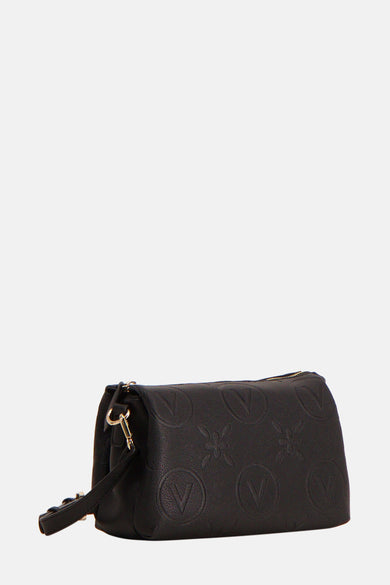 Sac à dos noir de VALENTINO BAGS, avec un logo et un motif de fleurs en relief, et des détails dorés.
