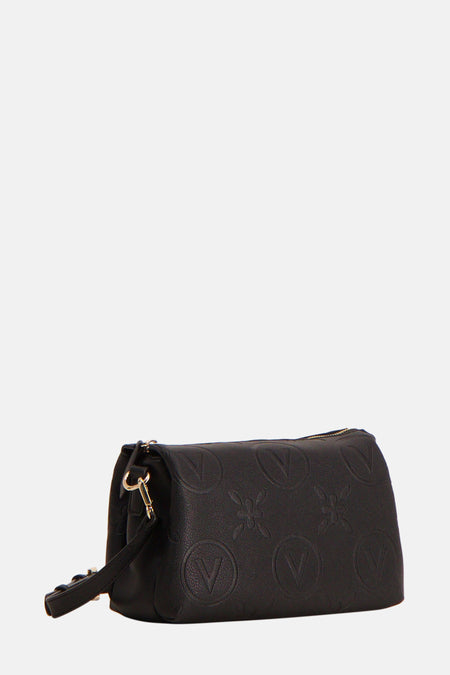 Sac à dos noir de VALENTINO BAGS, avec un logo et un motif de fleurs en relief, et des détails dorés.