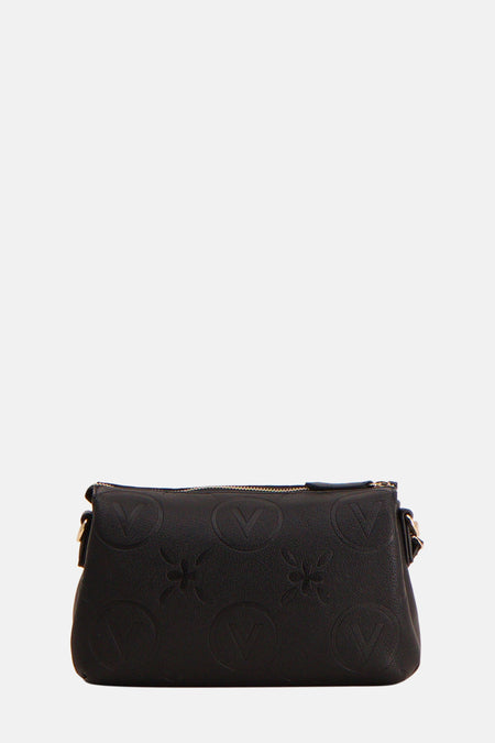 Sac à dos noir de VALENTINO BAGS, avec logo et motif floral en relief.