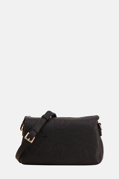 Sac à dos noir de VALENTINO BAGS avec un motif en relief de logos et de fleurs.