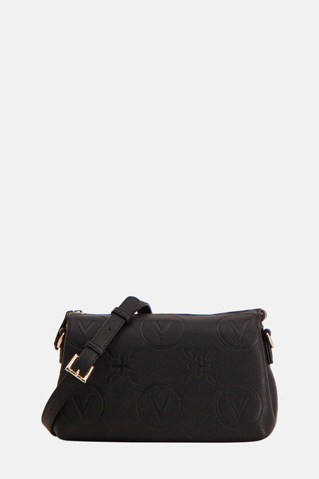 Sac à dos noir de VALENTINO BAGS avec un motif en relief de logos et de fleurs.