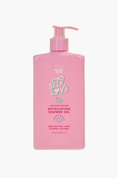 Gel douche exfoliant rose Yes Studio Studio avec texteSelfSelf Love' et une pompe.