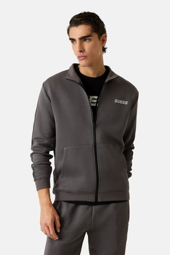 Gilet gris de Guess® avec une encolure haute et un motif logo noir le long des manches.