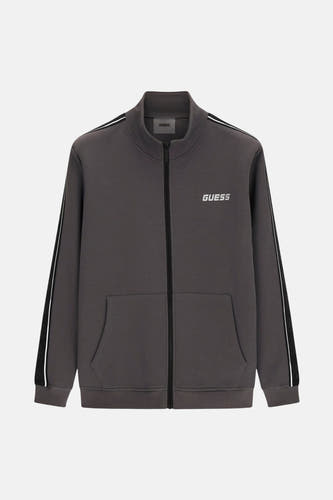 Gilet gris de Guess avec des boutons blancs sur les manches et une fermeture éclair.