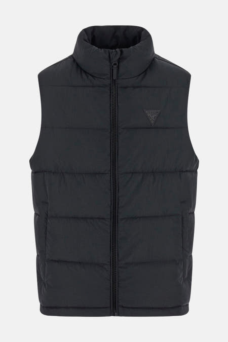 Gilet chauffant noir de Guess, avec un dos lisse et une encolure relevée.