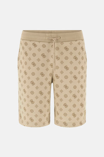 Short beige Guess® avec un imprimé logo intégral et un cordon de serrage.