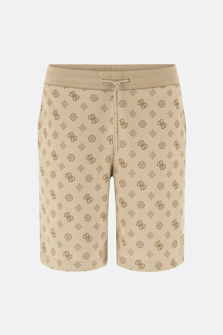 Short beige Guess® avec un imprimé logo intégral et un cordon de serrage.