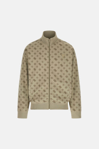 Gilet beige Guess avec un imprimé monogramme intégral et un col montant.