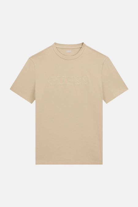 Beige korte mouw T-shirt van Guess met geborduurd logo op borst, ronde hals, front view