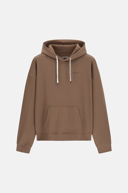 Bruine hoodie met capuchon van Guess®, witte trekkoorden en voorzak, front view