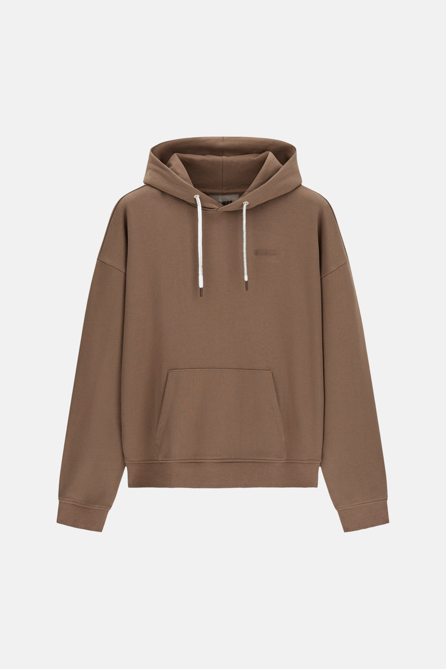 Bruine hoodie met capuchon van Guess®, witte trekkoorden en voorzak, front view