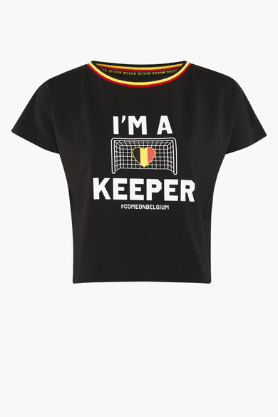 T-shirt noir de ZEB STYLE LAB à manches courtes, imprimé d'un but de football avec un cœur et #COMEONBELGIUM.