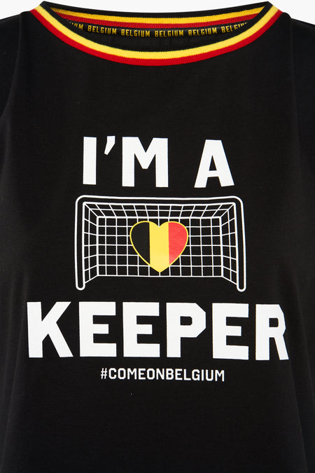 T-shirt noir de ZEB STYLE LAB, avec le texte 'I'm a keeper' et un cœur avec le drapeau belge dans un but de football.