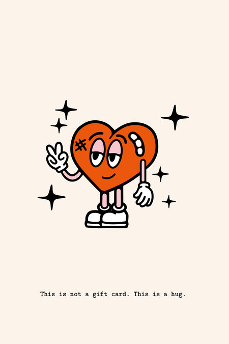 Carte cadeau ZEB avec un personnage de cœur orange et le texte "Ce n'est pas une carte cadeau. C'est un câlin."