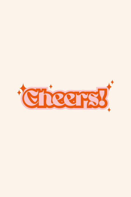 ZEB-cadeaubon van ZEB, met de tekst "Cheers!" in retro oranje letters met roze schaduw en sterretjes.
