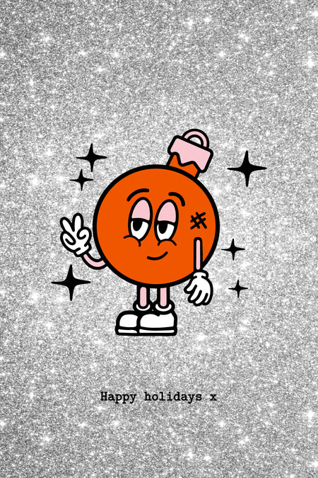 Cartoon kerstbal met glitterachtergrond.