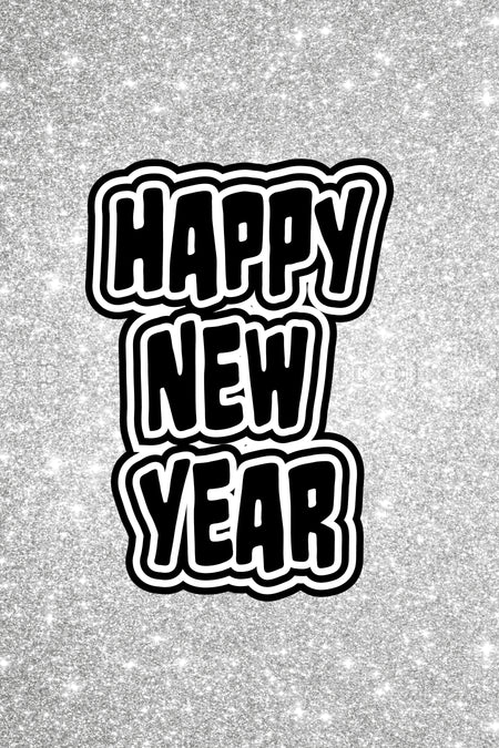 Glitterschrift "Happy New Year" op zilveren glitterachtergrond.